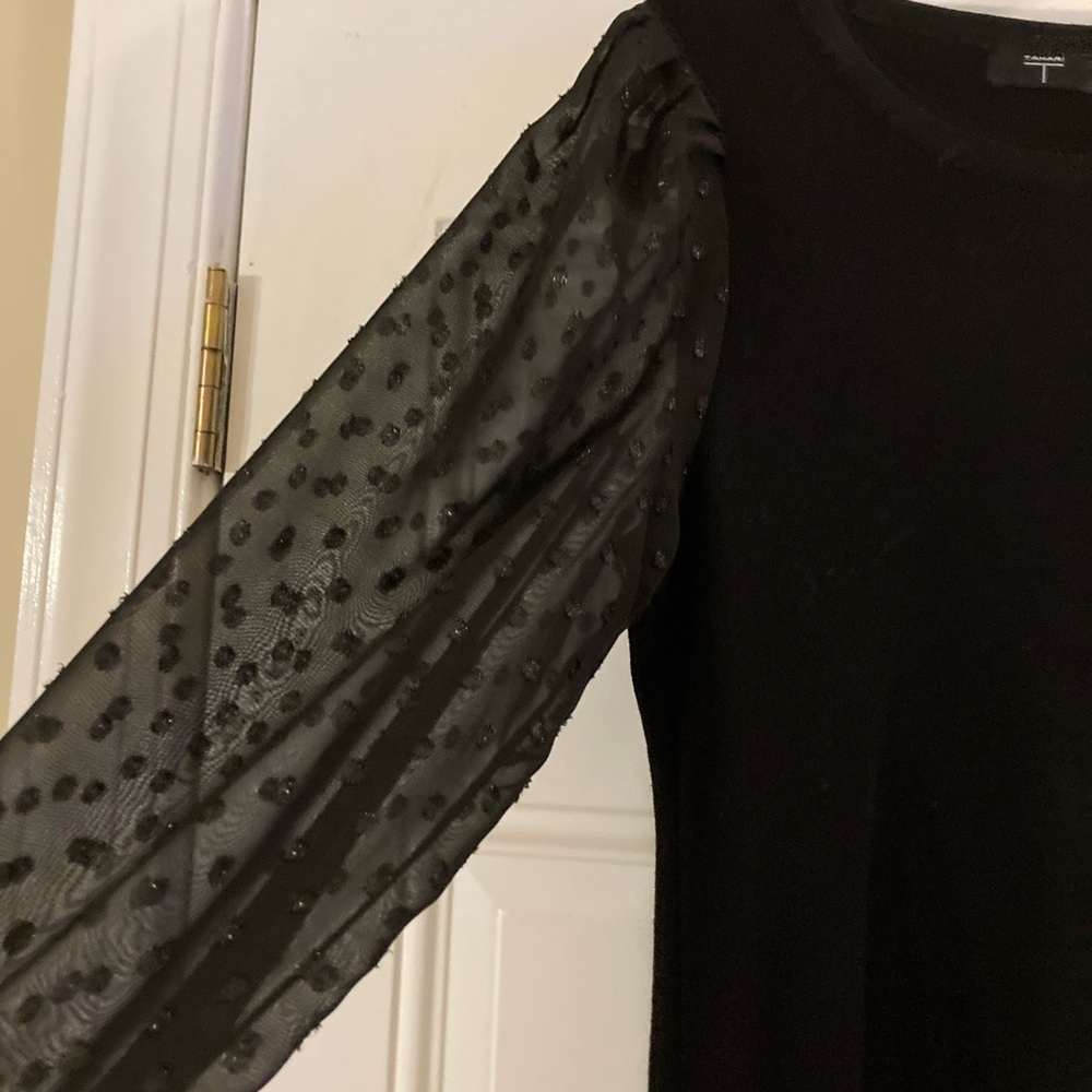 Tahari black blouse.  Size L.  Sheer long sleeves with reflective sequins.